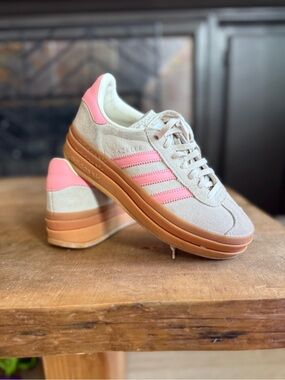adidas Beige Suede Platform Sneakers with Pink Stripes